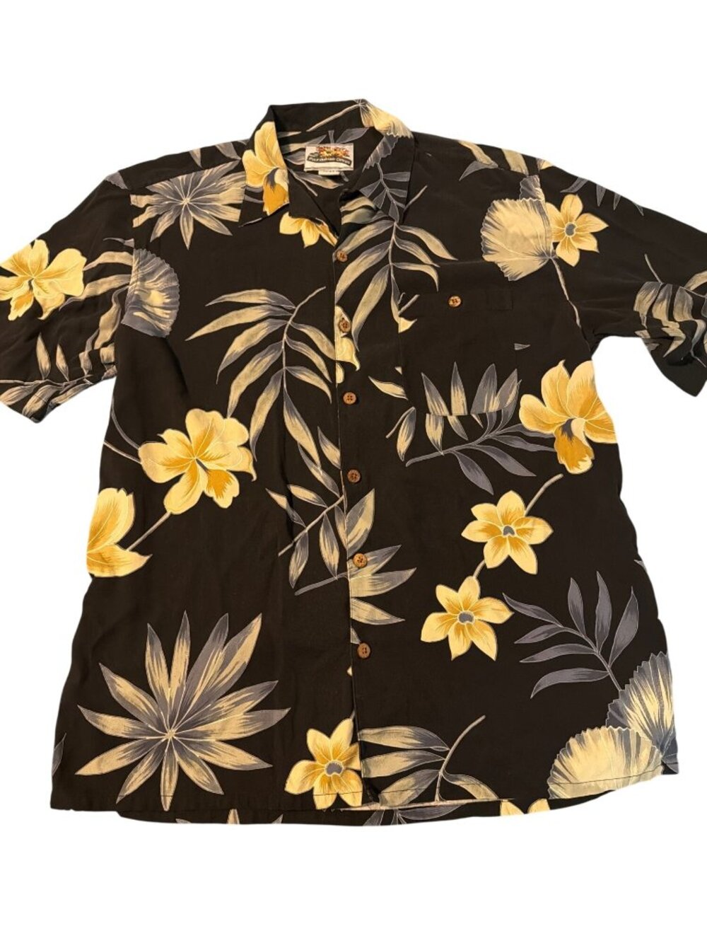 Vtg Paradise Coves Black Silk Hawaiian Shirt Cream Floral Print Flower Camp Sz L